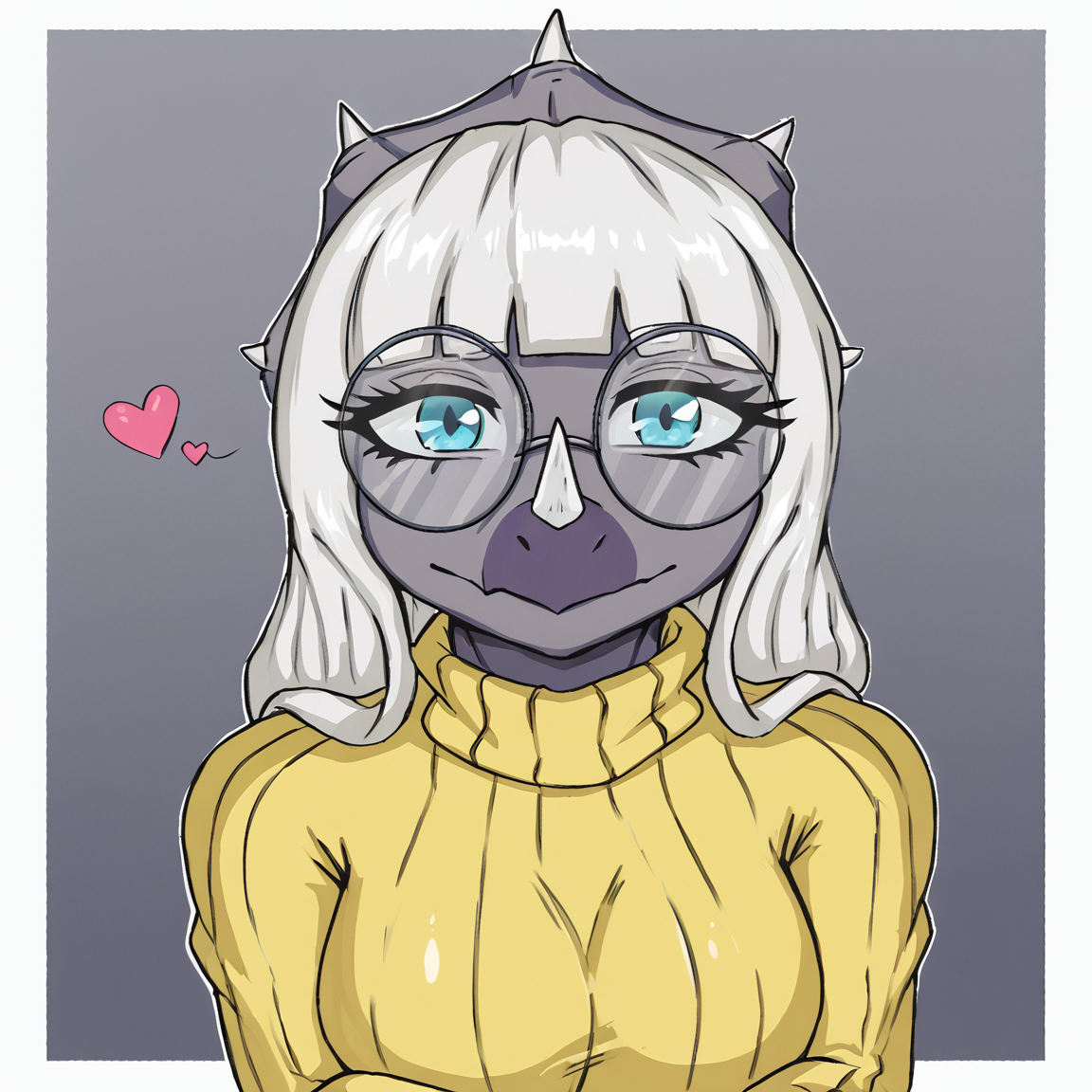 <lora:Abigail_Snoot_Game_-_Devlog:1> abigaildevlog, 1girl, furry female, triceratops, gray skin, white hair, glasses, yellow sweater, sweater, half-length portrait, blue eyes, <3, looking at viewer, highres, absurdres,