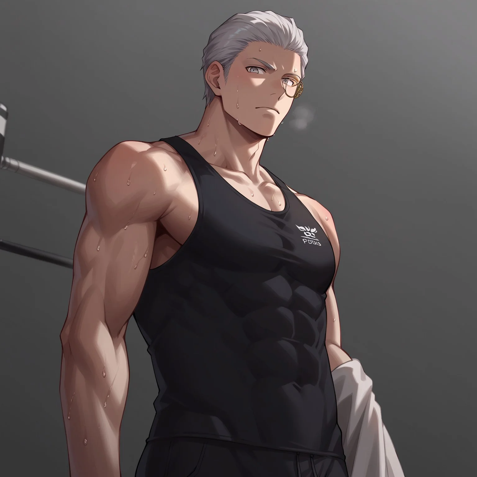 safe_pos, safe_pos, safe_pos, (score_9, score_8_up, score_7_up), cowboy shot, front view,
1boy, male focus,
Sparda, white hair, short hair, grey eyes, ((monocle:1)), sports outfit, muscular, dynamic angle, looking at viewer, sweating, holding towel,
male, toned body,
Detailed background, Gym,