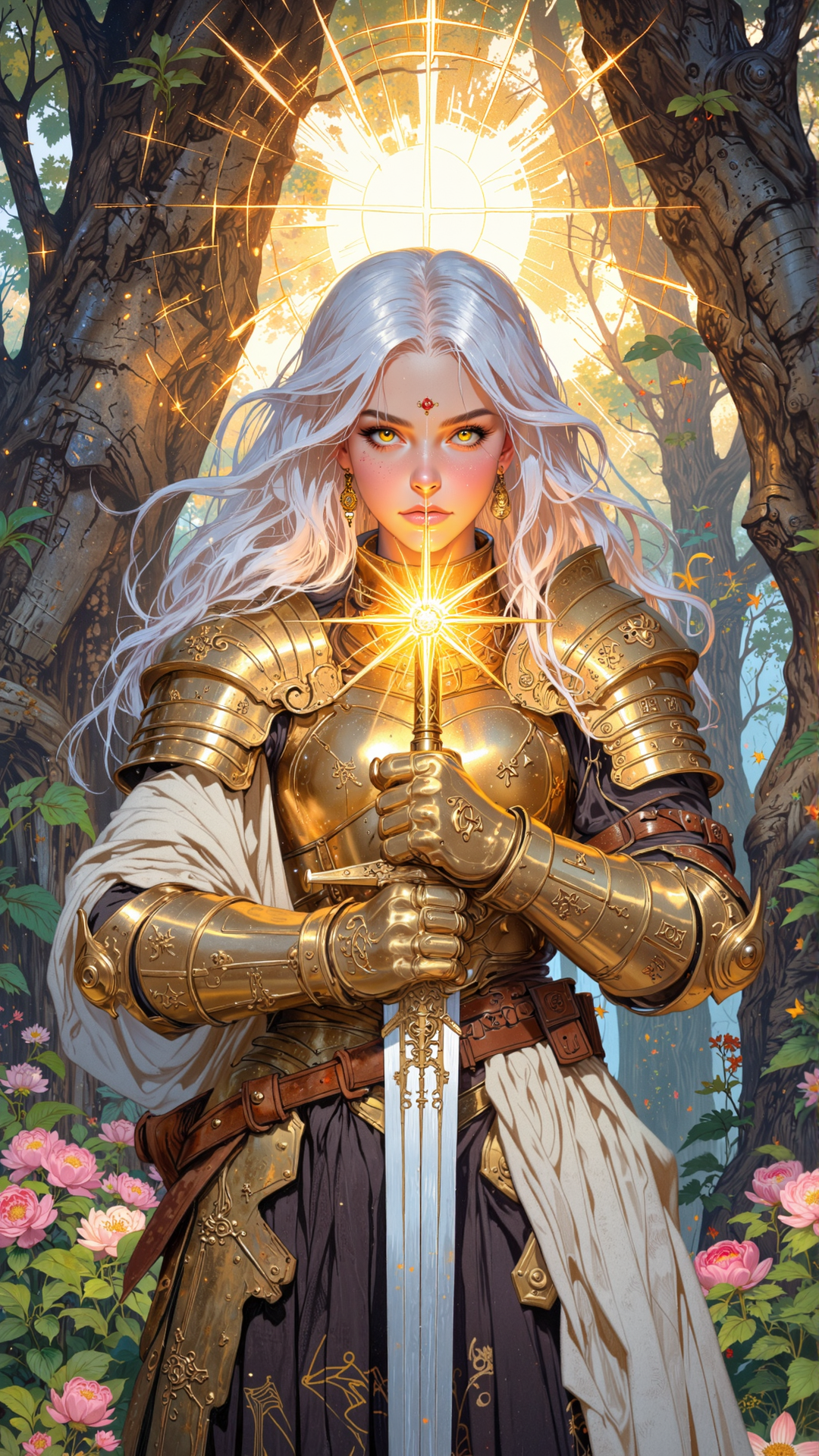 In the heart of a mystical, starlit grove, where the trees stretch endlessly toward the heavens and the air hums with the energy of ancient magic, a figure emerges from the shadows. She is an Aasimar, her celestial-touched form radiating a soft, golden light, her skin glowing with a faint, ethereal hue, as if touched by the divine. Her hair, a cascade of silvery-white strands, falls freely down her back, each strand shimmering like starlight. Her eyes, a piercing gold, glow with an inner light, reflecting the boundless energy of the celestial realms. Her face is soft and radiant, with high cheekbones, a delicate jawline, and full lips painted a warm, rosy pink. Her nose, slightly upturned, flares as she inhales the fragrant air, and her ears, slightly pointed, twitch at the faintest sounds of the grove.
She is a Sun Paladin, a holy warrior who channels the radiant energy of the sun, and her presence is both awe-inspiring and commanding. Her outfit, a blend of gleaming plate armor and flowing fabric, is both practical and majestic, designed to protect her in battle while still allowing for the freedom of movement needed to wield her divine powers. Her chest plate, forged from a golden metal that seems to glow with the light of the sun, is adorned with intricate engravings of sunbursts and flames, each one radiating divine energy. Her shoulders are protected by pauldrons shaped like rising suns, their edges glowing faintly with a warm, golden light. Around her neck hangs a pendant in the shape of a blazing sun, its surface polished to a mirror shine, reflecting the light of the grove.
Her arms are encased in gauntlets of the same golden metal, their surfaces etched with runes that pulse with a soft, fiery light. Her hands, strong and calloused from years of wielding a weapon, grip a massive longsword, its blade forged from a metal that seems to shimmer with the heat of the sun, the edge glowing faintly with divine energy. Her lower body is clad in a skirt of layered metal plates, each one dyed in shades of gold and orange, allowing for maximum movement while still providing protection. Beneath the skirt, she wears tight-fitting leggings of a dark, shimmering hue, blending seamlessly with the golden light of the grove. Her boots, made of reinforced leather, are laced up to her knees, the soles thick and sturdy, grounding her against the soft earth.
The scene around her is one of serene beauty and hidden power. The grove is bathed in a soft, golden light, the trees towering overhead, their leaves whispering secrets to the night. The air is thick with the scent of blooming flowers and the faint hum of magical energy, and the faint sound of rustling leaves whispers secrets of the wild. The Aasimar stands at the center of it all, her longsword raised high, her body glowing with divine energy, a beacon of light amidst the shadows.
The overall color palette is a blend of deep golds, oranges, and whites, evoking the essence of the sun and the celestial realms. The light, emanating from the sun above, casts a soft, golden glow over the scene, highlighting the Aasimarâs features and the serene beauty of the grove. The atmosphere is one of both awe and tranquility, a place where the line between the divine and the mortal blurs, and where the Sun Paladin stands as a conduit for the radiant power of the sun.
This is not just a portrait; it is a glimpse into the heart of a mystical grove, a testament to the power and grace of the Sun Paladin and her connection to the celestial realms. It is a scene of epic proportions, where the line between the mortal and the divine blurs, and where the celestial beauty of the Aasimar comes alive in the form of a powerful, awe-inspiring warrior.
soft pastel anime, Magic style, mythp0rt, DB4RZ