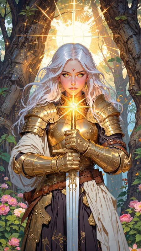 In the heart of a mystical, starlit grove, where the trees stretch endlessly toward the heavens and the air hums with the energy of ancient magic, a figure emerges from the shadows. She is an Aasimar, her celestial-touched form radiating a soft, golden light, her skin glowing with a faint, ethereal hue, as if touched by the divine. Her hair, a cascade of silvery-white strands, falls freely down her back, each strand shimmering like starlight. Her eyes, a piercing gold, glow with an inner light, reflecting the boundless energy of the celestial realms. Her face is soft and radiant, with high cheekbones, a delicate jawline, and full lips painted a warm, rosy pink. Her nose, slightly upturned, flares as she inhales the fragrant air, and her ears, slightly pointed, twitch at the faintest sounds of the grove.
She is a Sun Paladin, a holy warrior who channels the radiant energy of the sun, and her presence is both awe-inspiring and commanding. Her outfit, a blend of gleaming plate armor and flowing fabric, is both practical and majestic, designed to protect her in battle while still allowing for the freedom of movement needed to wield her divine powers. Her chest plate, forged from a golden metal that seems to glow with the light of the sun, is adorned with intricate engravings of sunbursts and flames, each one radiating divine energy. Her shoulders are protected by pauldrons shaped like rising suns, their edges glowing faintly with a warm, golden light. Around her neck hangs a pendant in the shape of a blazing sun, its surface polished to a mirror shine, reflecting the light of the grove.
Her arms are encased in gauntlets of the same golden metal, their surfaces etched with runes that pulse with a soft, fiery light. Her hands, strong and calloused from years of wielding a weapon, grip a massive longsword, its blade forged from a metal that seems to shimmer with the heat of the sun, the edge glowing faintly with divine energy. Her lower body is clad in a skirt of layered metal plates, each one dyed in shades of gold and orange, allowing for maximum movement while still providing protection. Beneath the skirt, she wears tight-fitting leggings of a dark, shimmering hue, blending seamlessly with the golden light of the grove. Her boots, made of reinforced leather, are laced up to her knees, the soles thick and sturdy, grounding her against the soft earth.
The scene around her is one of serene beauty and hidden power. The grove is bathed in a soft, golden light, the trees towering overhead, their leaves whispering secrets to the night. The air is thick with the scent of blooming flowers and the faint hum of magical energy, and the faint sound of rustling leaves whispers secrets of the wild. The Aasimar stands at the center of it all, her longsword raised high, her body glowing with divine energy, a beacon of light amidst the shadows.
The overall color palette is a blend of deep golds, oranges, and whites, evoking the essence of the sun and the celestial realms. The light, emanating from the sun above, casts a soft, golden glow over the scene, highlighting the Aasimarâs features and the serene beauty of the grove. The atmosphere is one of both awe and tranquility, a place where the line between the divine and the mortal blurs, and where the Sun Paladin stands as a conduit for the radiant power of the sun.
This is not just a portrait; it is a glimpse into the heart of a mystical grove, a testament to the power and grace of the Sun Paladin and her connection to the celestial realms. It is a scene of epic proportions, where the line between the mortal and the divine blurs, and where the celestial beauty of the Aasimar comes alive in the form of a powerful, awe-inspiring warrior.
soft pastel anime, Magic style, mythp0rt, DB4RZ