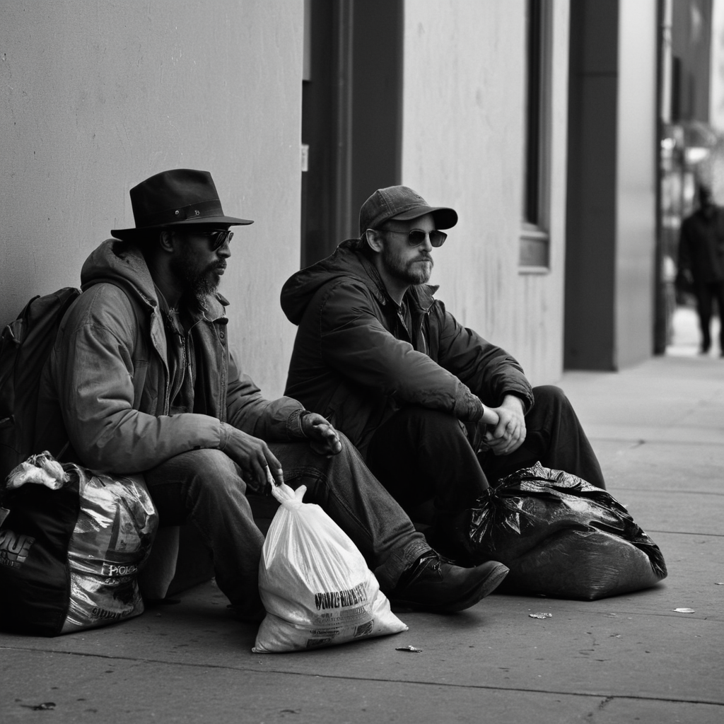 UHD, 4k, ultra detailed, cinematic, a photograph of <lora:Juxtaposition style:1>
Juxtaposition of a homeless man sitting on the sidewalk next to a woman,hat,holding,monochrome,greyscale,male focus,multiple boys,2boys,bag,sunglasses,realistic,holding bag,bald,trash bag Juxtaposition, artistic, photography, dramatic light, dramatic shadow light, contrast, saturated color, cinematic, filmic, photographic, realistic, realism, perfection, perfect, Juxtaposed, opposite, different things, side by side, syncretism, antithesis, Juxtaposition style, epic, beautiful lighting, inpsiring
