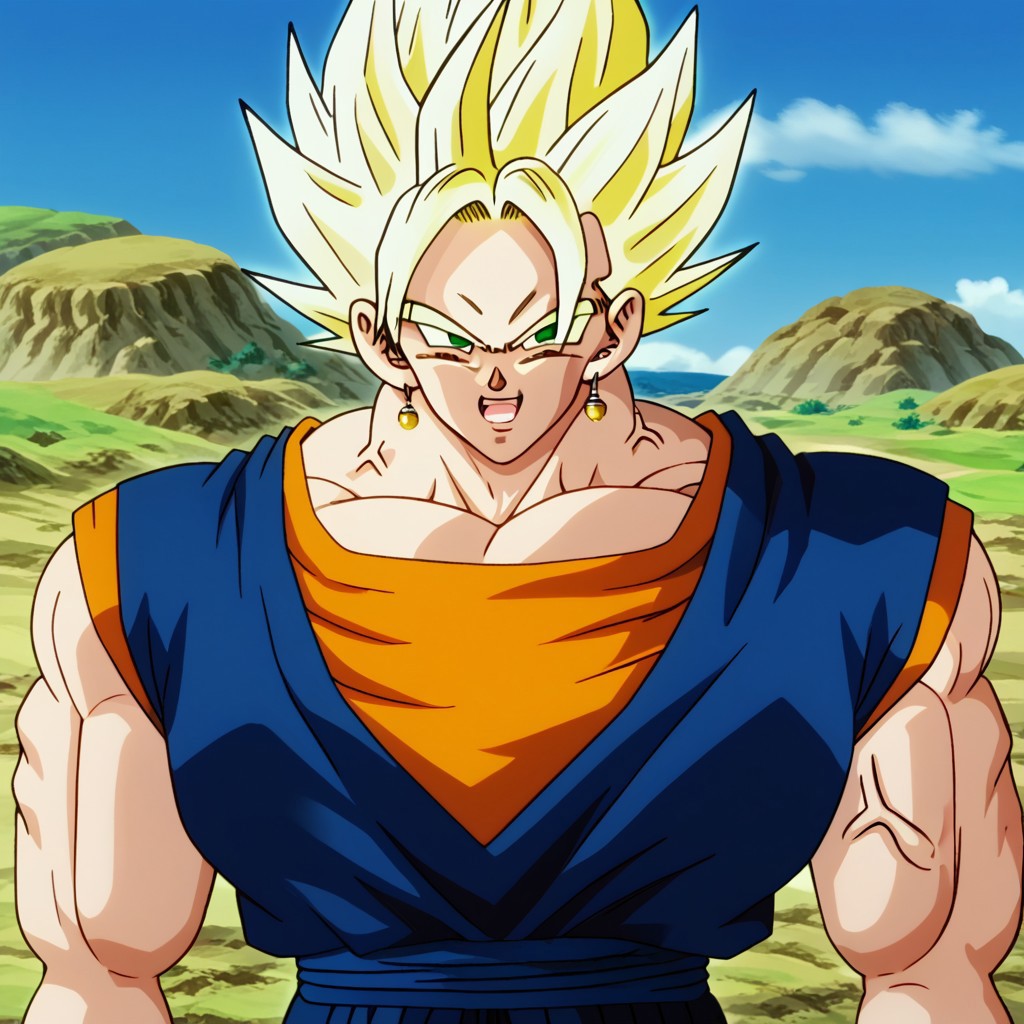 Male, man, 1man, vegito, buff vegitto, upper body, front, blonde, blonde hair, spiky hair, super saiyan, green eyes, yellow eyebrows, ears, earring in ears, round earrings, open mouth, confident expression, arrogant look, smile, white teeth, looking at viewer, looking at viewer, orange shirt, blue sleeveless vest, hyper muscles, huge muscles, massive muscles, big muscles, muscular, pecs, hyper pecs, muscular pectorals, with clothes, veins, veins in arms, vein in pectoral, vein in neck, thick neck, muscular neck, large deltoids, muscular deltoids, shadows, shading, classic style, background mountains and a blue sky with white clouds,, bulges,Expressiveh,dbsb