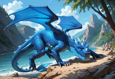 safe_pos, score_9, score_8_up, score_7_up ,feral,  muscular male, dragon , masterpiece, high quality, best quality, rating_safe,BREAK,no humans,colored sclera, full body, from side, claws, beach, electro dragon, nose horn, blue sky,stone, tree, blue body, wings, tail, tail fin, all fours, (closed mouth:1.4), river, forest, detailed eyes, detailed claws, 