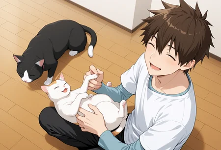 masterpiece,best quality,amazing quality,sakurai shin'ichi,1boy,shirt,closed eyes,indoors,male focus,blue and white shirt,cat,black pants,smile,open mouth,solo,wooden floor,animal,layered sleeves,<lora:SakuraiShinichi_V2_noob-000010:1>,