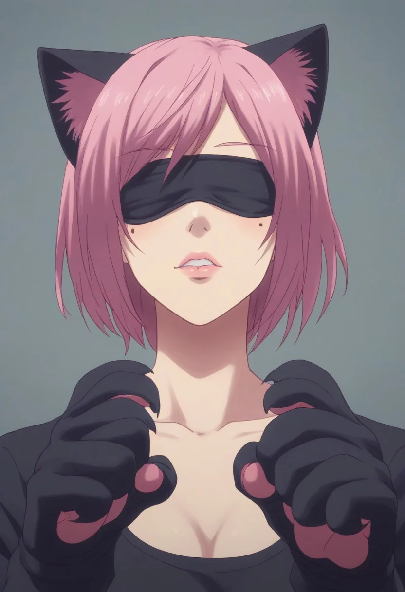mole_under_mouth, pink_lips, blindfold, hair_over_eyes, covered_eyes, black_blindfold <lora:2b-PDXL-V1(test):0.8> rating_safe, forced perspective, three-point perspective, BREAK catgirl, fake animal ears, cat paws, cat gloves, full body,