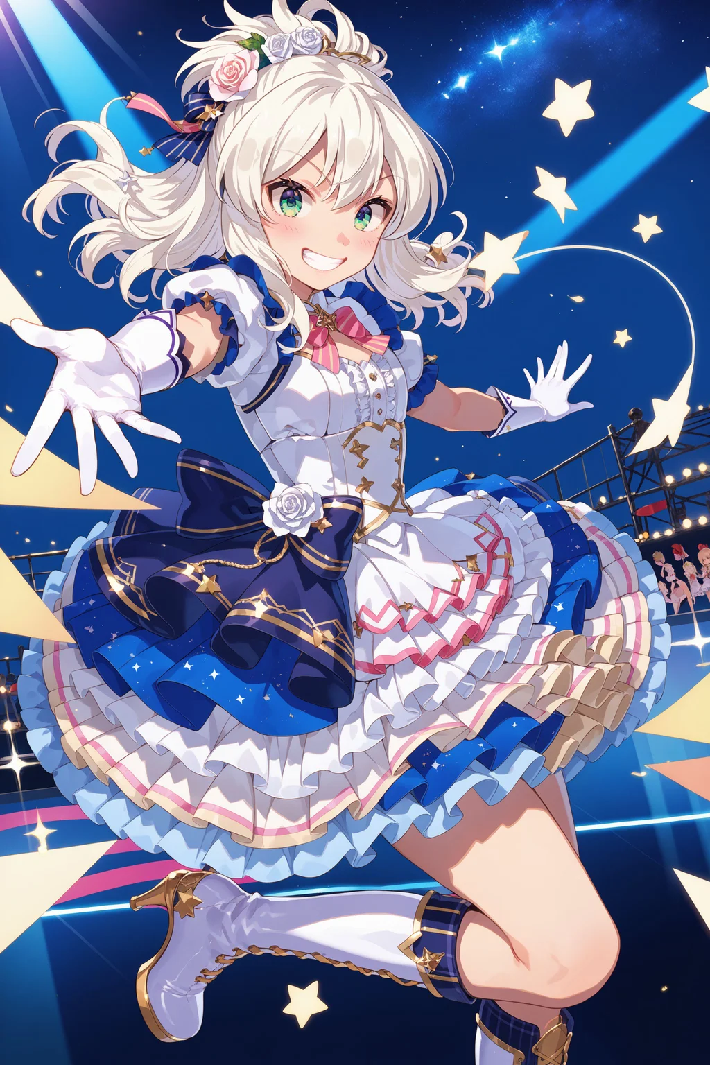 score_max, (score_9, score_8_up, score_7_up:1.2), score_6_up, official art,
masterpiece, absurdres, high detail, 8k,
stage, light beam, colorful, starry sky,
standing on one leg, holding mic, reaching towards viewer, grin, blush,
, ange, idol costume, hair ornament, hair flower, white flower, white rose, bowtie, white dress, frilled dress, puffy short sleeves, white gloves, elbow gloves, layered skirt, knee boots, cross-laced footwear, high heel boots
<lora:XL_Pony_gomaotsu-angelica-t1:1.0>