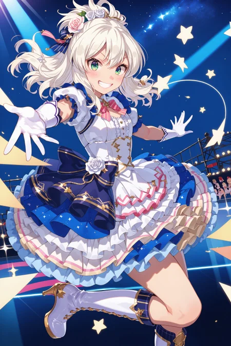 score_max, (score_9, score_8_up, score_7_up:1.2), score_6_up, official art,
masterpiece, absurdres, high detail, 8k,
stage, light beam, colorful, starry sky,
standing on one leg, holding mic, reaching towards viewer, grin, blush,
, ange, idol costume, hair ornament, hair flower, white flower, white rose, bowtie, white dress, frilled dress, puffy short sleeves, white gloves, elbow gloves, layered skirt, knee boots, cross-laced footwear, high heel boots
<lora:XL_Pony_gomaotsu-angelica-t1:1.0>