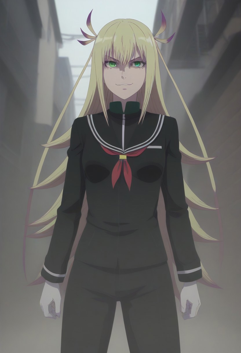 <lora:SlimesKanonIsui:1>, slimes_kanonisui, woman, solo, green eyes, alley background, evil smirk
