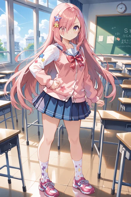 score_max, (score_9, score_8_up, score_7_up:1.0), score_6_up, official art,
, masterpiece, absurdres, high detail, 8k,
school, classroom, window, evening,
standing, hand on hip, arms at side, light smile, blush,
solo, iroha, pink hair, very long hair, hair over one eye, school uniform, star hair ornament, pink cardigan, long sleeves, sailor collar, red bowtie, pleated skirt, miniskirt, blue skirt, socks, star print, sneakers, star \(symbol\)
<lora:XL_Pony_MGCM-iroha-t1:1.0>