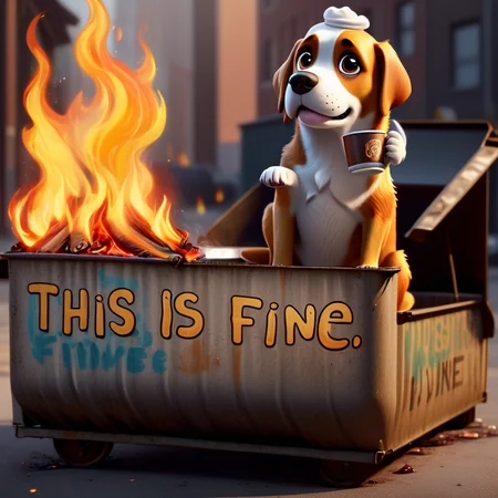 an animated dog with a cup of coffee sitting on a dumpster in flames with text THIS IS FINE trending on artstation 4 k detailed sharp high detail
