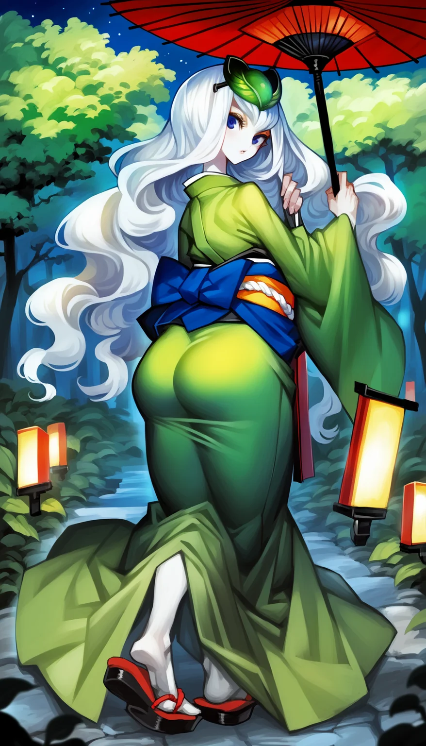 score_9,score_8_up,score_7_up,
<lora:vanillawareStyle:1>,
yuzuruha,1girl,solo,pale skin,white hair,long hair,wavy hair,little green leaf on head,blue eyes,looking at viewer,parted lips,yuzuruha outfits ii,green kimono,tight clothing,blue obi belt,big ass,tabi,red geta,full body,back view,standing,holding oil-paper umbrella,
ourdoors,night,forest,shrine,light particles,