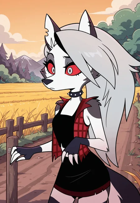 AMAZING QUALITY, MASTERPIECE, 1GIRL, SOLO, LOONA, FURRY, GREY HAIR, SILVER EYES, RED SCLERA, PLAID VEST, TANK TOP, MINISKIRT, RURAL,