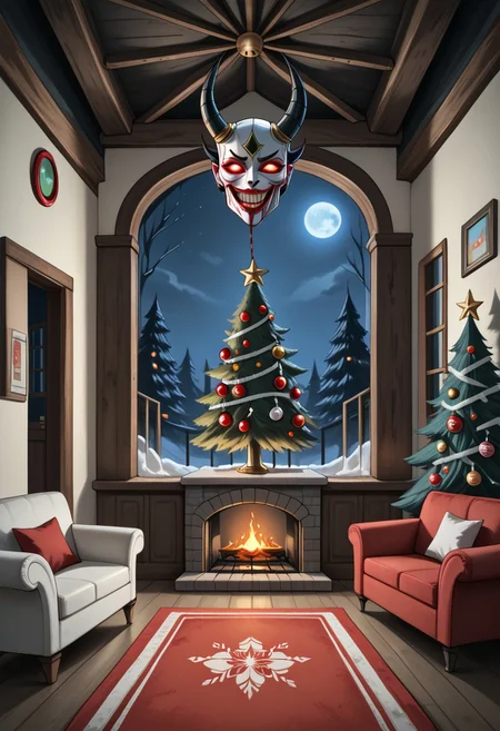 naboka, oni_mask, intricate_mask_design, glowing_red_eyes, dripping_blood, sinister_smile, sharp_teeth, black_hair, demonic_horns, pale_skin, cursed_aura, chrlib, scenery, indoors, living room, night, oven, christmas tree, christmas ornaments, red carpet,