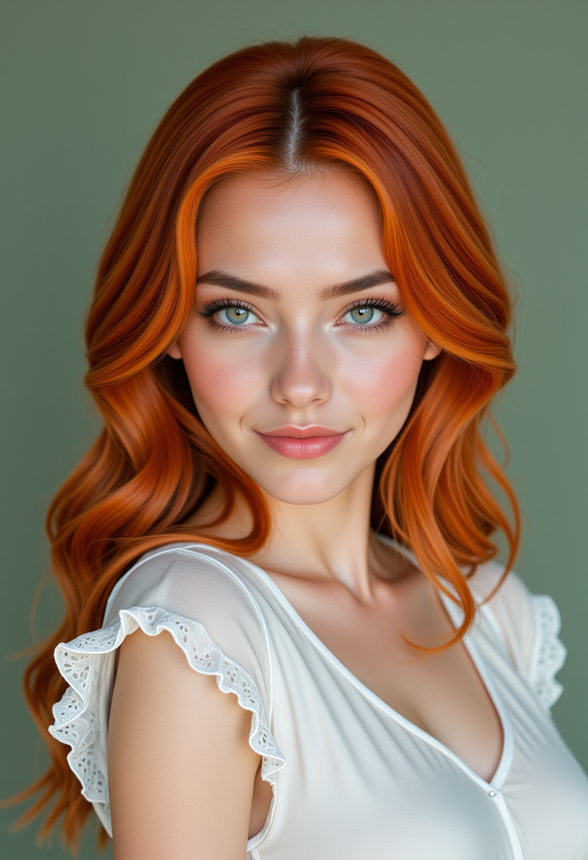 She is approximately 18 years old. Hyperrealism, she is looking at the camera, (dynamic angles), profile headshots of a beautiful, stunning unique female character.  she has red hair. her eyes are filled with joy and excitement, extravagant eyelashes. a photo of Amir@_warrior, she is wearing a white frilly shirt, The woman is posing confidently. simple sage green colored background. She has a slight smile on her face and is looking directly at the camera. making this image a masterpiece of photography and digital art. realistic. making this image a masterpiece of photography and digital art. Style: realistic hyper-detailed rendering, 32k UHD, expressive eyes, punk, graphic design, girl's face, pretty and cute, gleaming lips, telling a tale of adventure. Exuding confidence and serenity. The overall mood of the image is happy and relaxed,detailed skin texture,(blush:0.2),(goosebumps:0.3),subsurface scattering,whimsical,Detailed hand, Perfect hand. Perfection style.