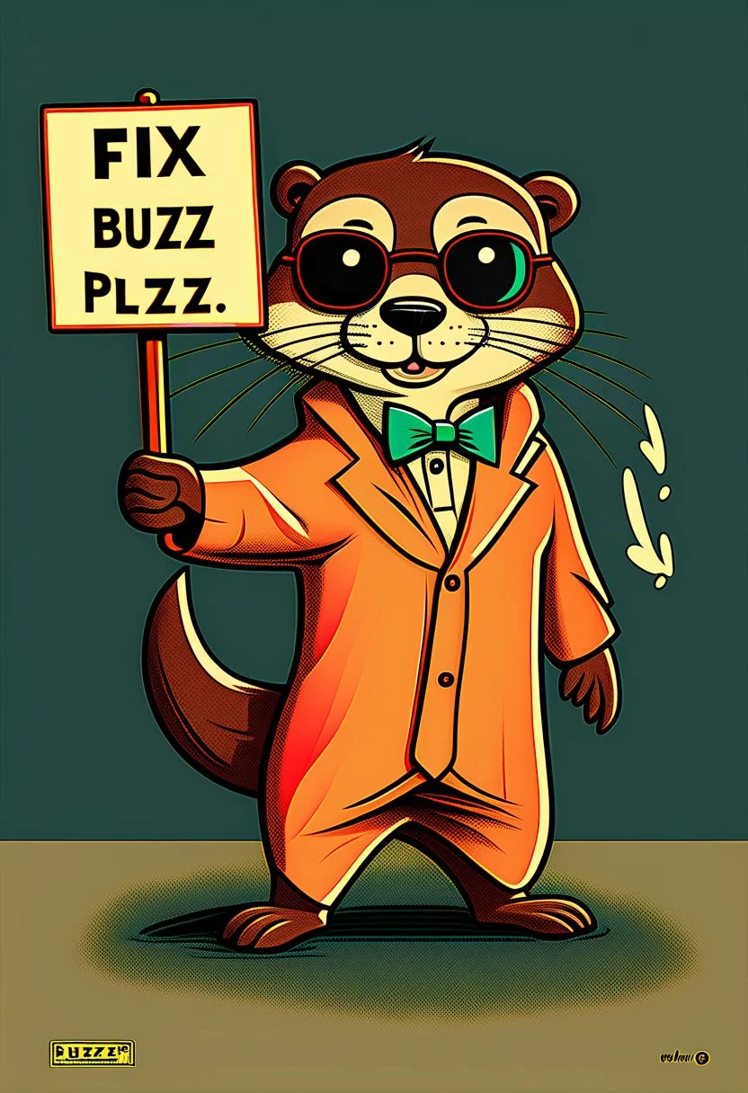 cute happy otter wearing a comically an over large suit, large glasses with wire frame, (holding sign with text:"fix buzz PLZ":1.4 ), <lora:text2:1.25>, standing on the sidewalk of a busy city,  small jar of boney buy his feet,