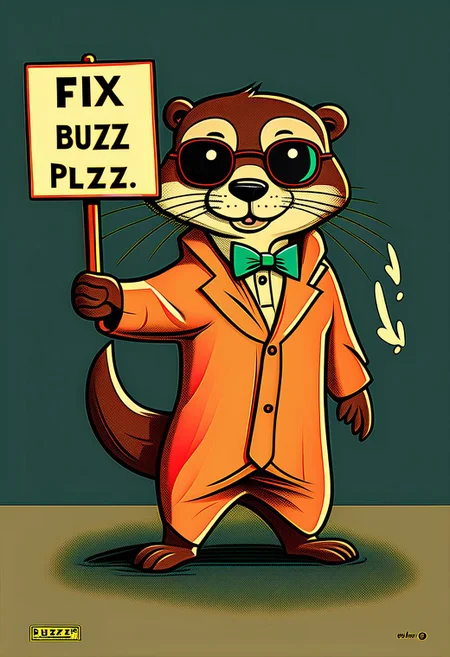 cute happy otter wearing a comically an over large suit, large glasses with wire frame, (holding sign with text:"fix buzz PLZ":1.4 ), <lora:text2:1.25>, standing on the sidewalk of a busy city,  small jar of boney buy his feet,