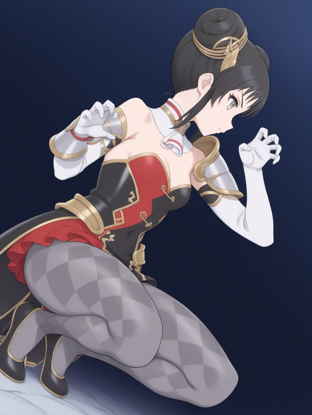 perfect quality,best quality,absolutely eye-catching,ambient occlusion,raytracing BREAK
1girl,<lora:hana IL v1.1>,hana,double bun,black hair,grey eyes,hair ornament,detached collar,white detached sleeves,open coat,short dress,red dress,black dress,argyle pantyhose,gloves,armor,high heels,grey pantyhose,gold hair ornament,solo,, dynamic_angle,profile,leaning_on_object,claw_pose,curvy,squatting,_open_legs,
