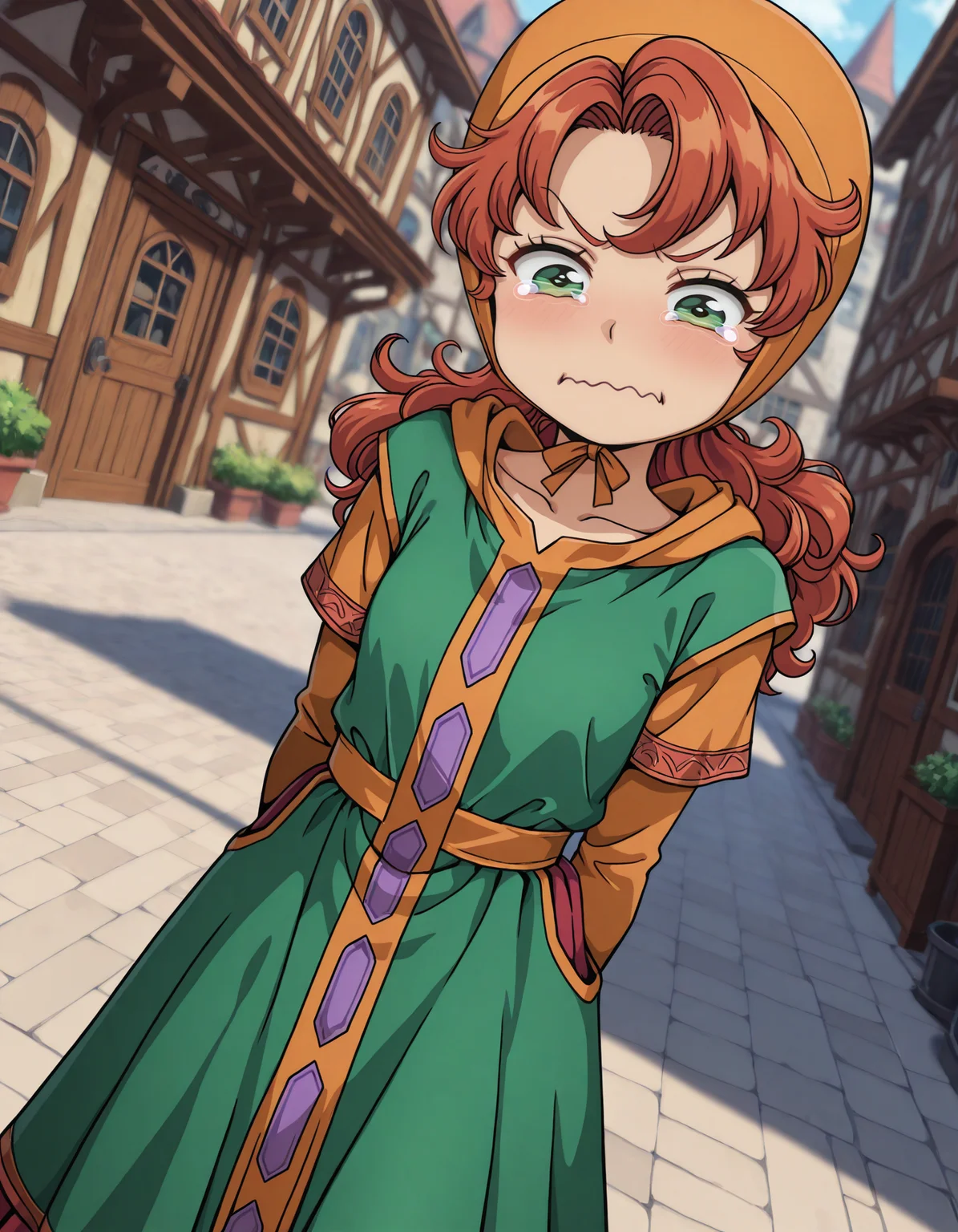 <lora:@CFG Scale Boost:0.2>
<lora:Maribel_Mayde_Dragon_Quest_VII:0.9> masterpiece, best quality, amazing quality, very aesthetic, absurdres, depth of field, blurry background, extremely detailed face, detailed eyes, (official style:1.2), screencap,
<lora:meme_aquacrying_illustriousXL:1> aquacrying, wavy mouth, closed mouth, tearing up,
Maribel Mayde (character), 1girl, solo, curly hair, long hair, red hair, green eyes,
Maribel main clothing (outfit), green_dress, hood,
outdoors, pub building,
looking at viewer, standing, dramatic, arms to side,
dutch angle,