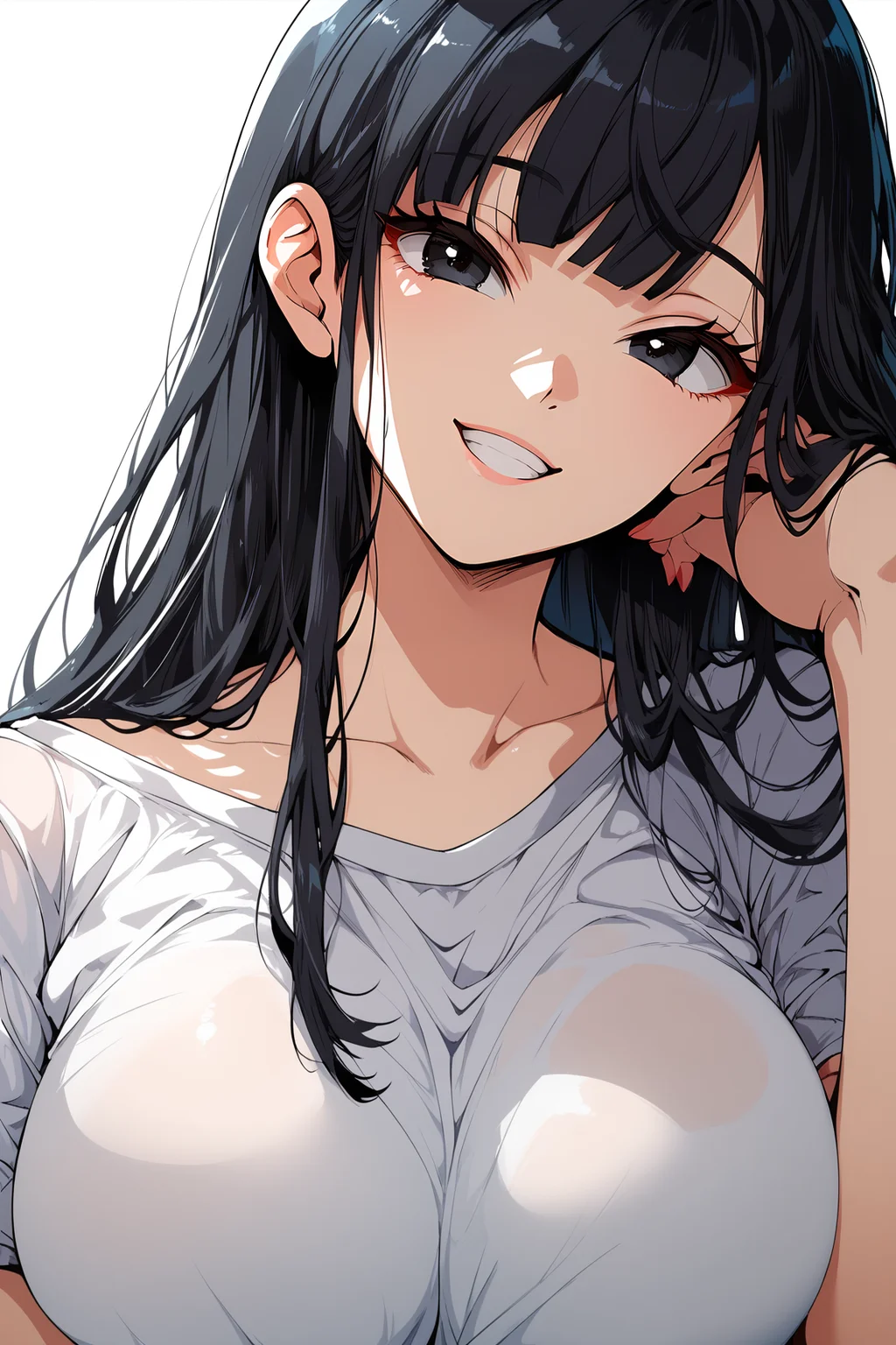 score_9, score_8_up, score_7_up, score_6_up, BREAK, 1girl, black hair, long hair, bangs, black eyes, white shirt, head tilt, smile, looking at viewer, white background, simple background, KafunStylePXL <lora:KafunStylePXL:1>