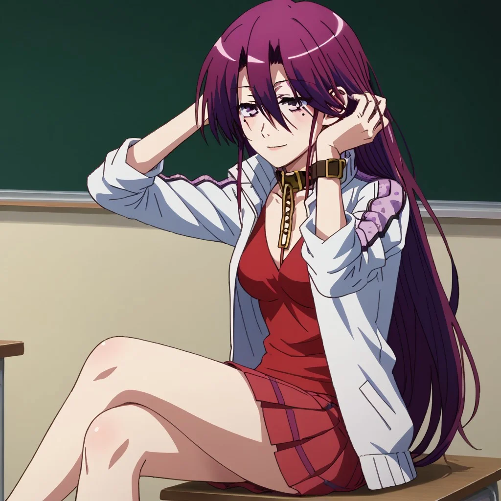 score_9, solo, Shishido_Shiho, purple hair, long hair. collar chain, mole under eye, jacket, skirt, sitting, crossed legs, hands in hair, classroom