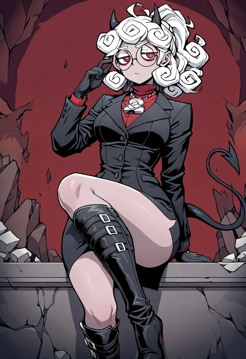 masterpiece, best quality, newest, absurdres, highres, INCV1.0
1girl, pandemonica (helltaker), demon girl, horns, black horns, white hair, knee boots, gloves, demon tail, demon horns, black jacket, curly hair, glasses, round glasses, round eyewaer,