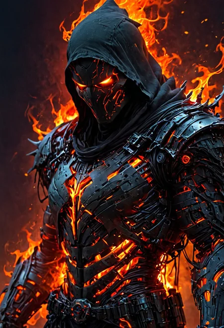 dark rugged realm, phantom warrior emerges from the shadows, clad in tattered black cyberpunk armor, etched with fiery orange circuitry, like a dark mechanical specter, The figure's face is shrouded in an impenetrable black hood, with only two blazing orange optics piercing the darkness, like hot coals from a malevolent forge, The armor is shifting and writhe like living darkness, with orange neon-like energy bleeding from the cracks, <lora:DetailMaximizer:0.6>, <lora:MJ52_v2.0:0.6>, <lora:MJ52:0.2>, <lora:EpicF4nta5yXL:0.4>