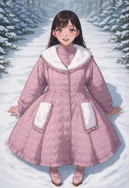 score_9, score_8_up, score_7_up, source anime,
masterpiece, best quality, detailed, amazing quality,
detailed background, winter, snow, winter forest,
detailed eyes, clean eyes,
dynamic pose, sitting in snow, from above,
1woman, woman,
easynegative,
happy,
quilt_coat, pink coat,