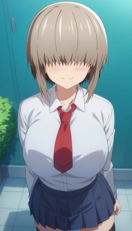 score_9,score_8_up,score_7_up,score_6_up BREAK official art,solo,outdoors,upper body,(portrait:1.5),looking at viewer,facing viewer,smile,blush,Yanagi Uzaki,short hair,grey hair,shiny hair,short hair with long locks,sidelocks,long bangs,covered eyes,hair over eyes,no eyes,collarbone,school uniform,white shirt,collared shirt,red necktie,long sleeves,large breasts,skindentation,shirt tucked in,miniskirt,black skirt,pleated skirt,thighs,zettai ryouiki,black thighhighs,loafers,<lora:Yanagi Uzaki(uwa)-Pony:1.6>,