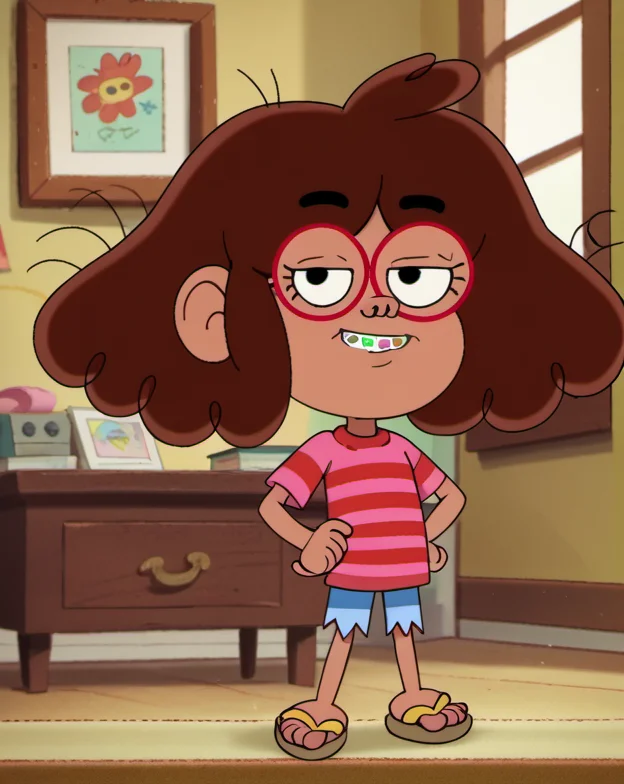 score_9, score_8_up, score_7_up, solo, 1girl, tat1, brown hair, sandals, shorts, child, indoors, striped shirt, hand on hip, red-framed eyewear, smug, black eyes, perfect face, braces, blurry background, <lora:tat1-000010:1>,