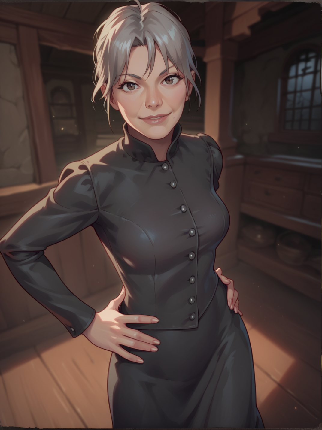 score_9, score_8_up, score_7_up,
1girl, dynamic pose, dynamic angle, one hand on hips, light smile, cowboy shot, dutch angle, medium breasts, warm light, horror \(theme\), dark house, fantasy, from above, portrait, looking at viewer, from side, one hand on hair,
<lora:ALuiza_character:0.75>, LuizaXL, old woman, grey hair, black dress, long sleeves, buttons, wrinkled skin, <lora:KajinmanLycoXL:0.7>,