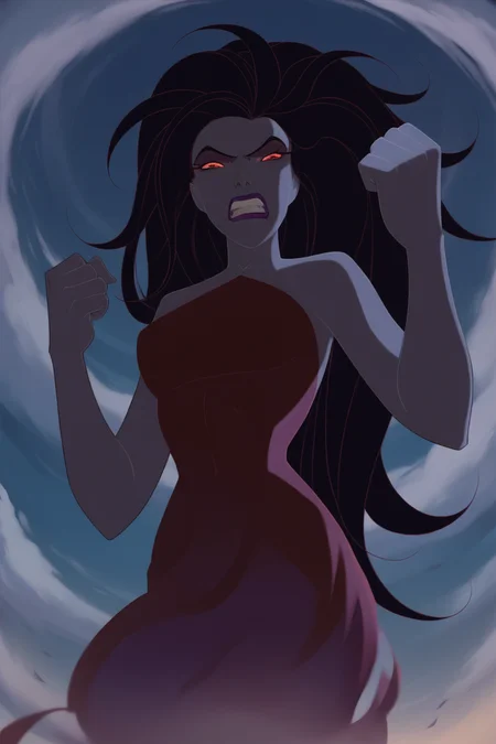 score_9, score_8_up, score_7_up, Eris, <lora:Eris_PDXL:0.9>,long hair, hair slicked back, red eyes, black hair, makeup, purple lipstick, colored skin, grey skin, pale skin, medium breasts, dress, gigantic, angry, clenched hand, clenched teeth, from below, solo, solo focus, best quality, high quality, 2d, cartoon,