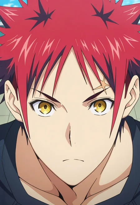 masterpiece, best quality, intricate details, anime screencap, , official style, looking at viewer, 1boy, solo, male focus, <lora:souma_yukihira_ilxl:0.98>, souma_yukihira, red hair, yellow eyes, spiked hair, , ,