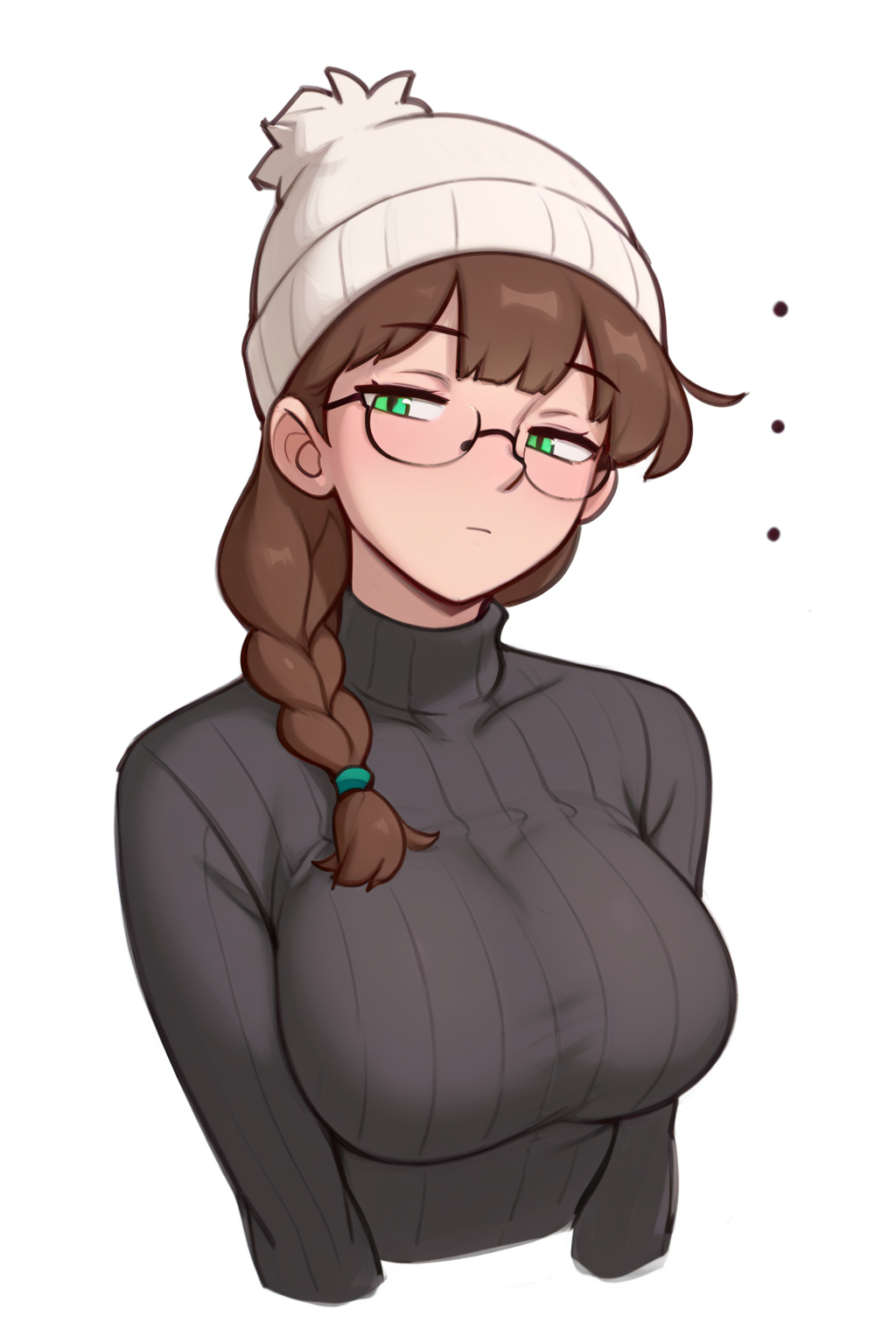 {{masterpiece,best quality,amazing quality,absurdres}}, dross_style
BREAK
1girl, solo, white background, looking at viewer, brown hair, single braid, bangs, black glasses, expressionless, large breasts, black sweater, ribbed sweater, turtleneck, white beanie, green eyes
 <lora:Dross_Style:1>