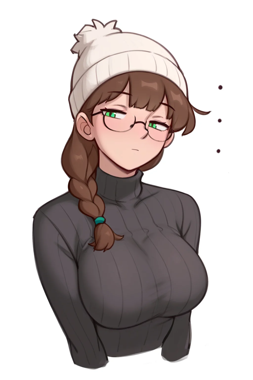 {{masterpiece,best quality,amazing quality,absurdres}}, dross_style
BREAK
1girl, solo, white background, looking at viewer, brown hair, single braid, bangs, black glasses, expressionless, large breasts, black sweater, ribbed sweater, turtleneck, white beanie, green eyes
 <lora:Dross_Style:1>