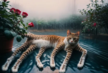 Highly detailed photo of cat with (((Long legs:1.8)) laying under rose bush,  uhd, 8k, ultra realistic, sunny, (cold colors), damp, moist, intricate details, shallow depth of field, [volumetric fog], cinematic lighting, reflections, photographed on a Canon EOS R5, 50mm lens, F/2.8, HDR, 8k resolution, cinematic film still from cyberpunk movie
