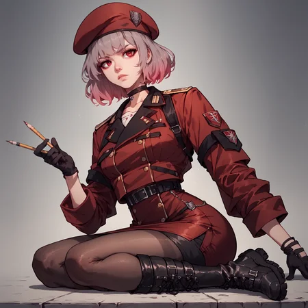 <lora:Gentiane_Girls_Frontline(PONY):1>gentiane, gradient hair, gray to pink hair, red eyes, black gloves, red military uniform, beret, choker with pendent, pencil skirt, pantyhose, boots, solo, score_9, score_8_up, score_7_up,