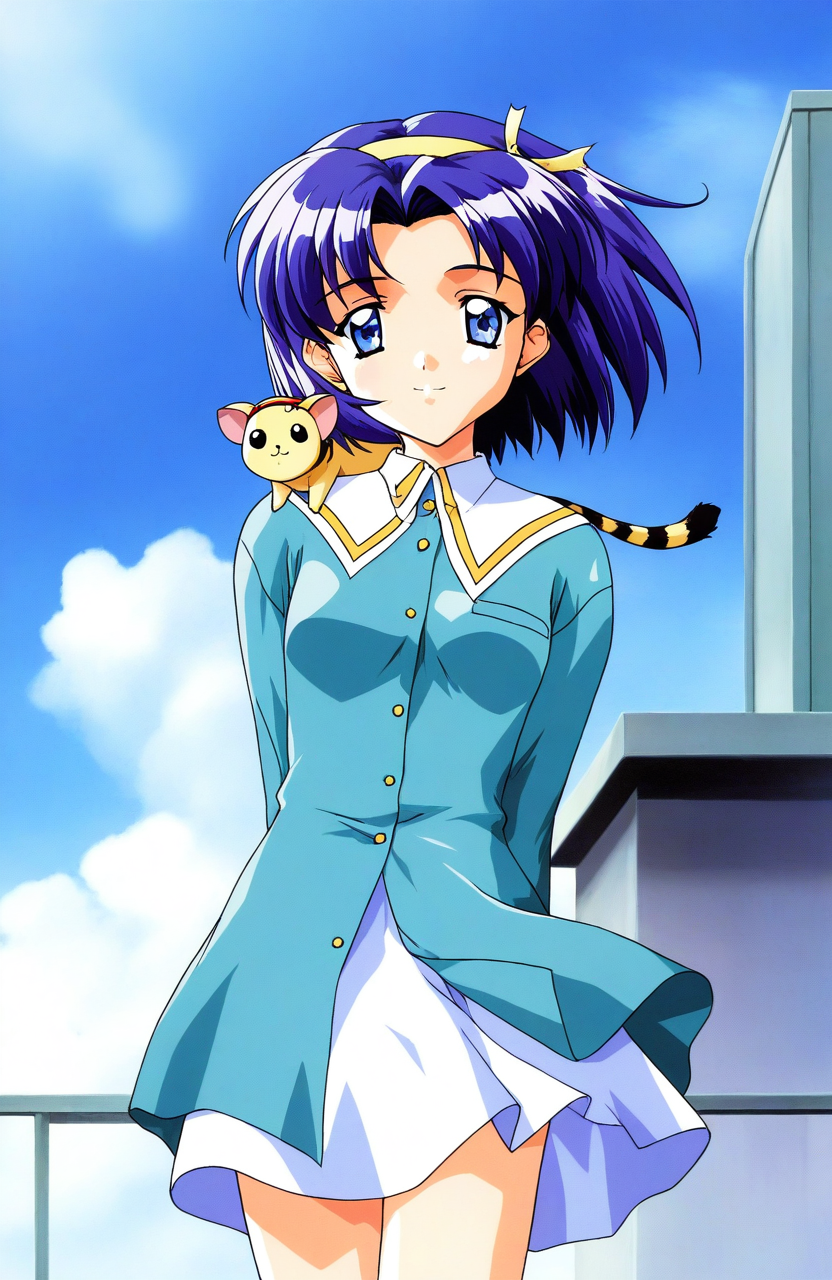 general,highres, ultra-detailed,very aesthetic,best quality ,best hands, BREAK <lora:Nozaki_sumire_Tokimeki_Memorial2_IS:1>
Nozaki_sumire(Tokimeki_Memorial2), 1girl, solo, blue eyes, blue hair, short hair, hairband, small breasts,
aqua dress, white skirt, 
 animal on shoulder, arms behind back, looking at viewer,
 standing, animal, long sleeves, buttons, parted bangs, cowboy shot, 
blue sky, day,