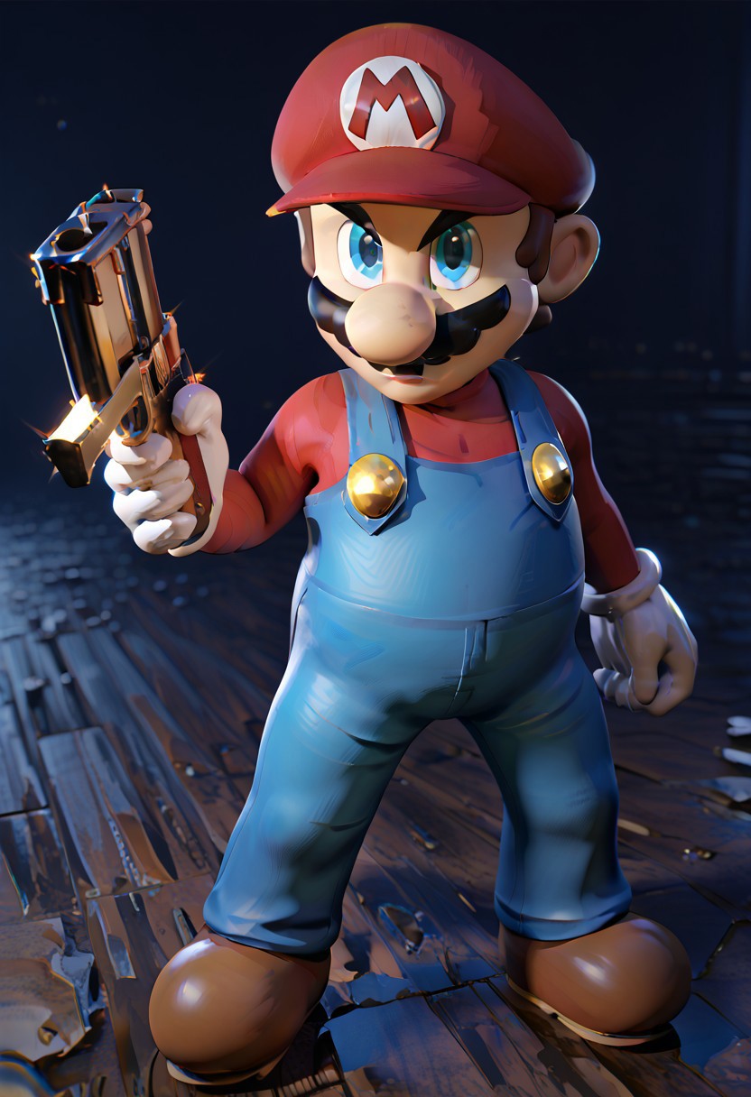 score_9, score_8_up, score_7_up     , masterpiece, beautiful,,ITMario,3d,red hat,red long-sleeved shirt, blue overalls, moustache, round nose, brown shoes, white gloves, yellow buttons, brown hair, blue eyes, short hair,gunatyou, gun, holding gun,