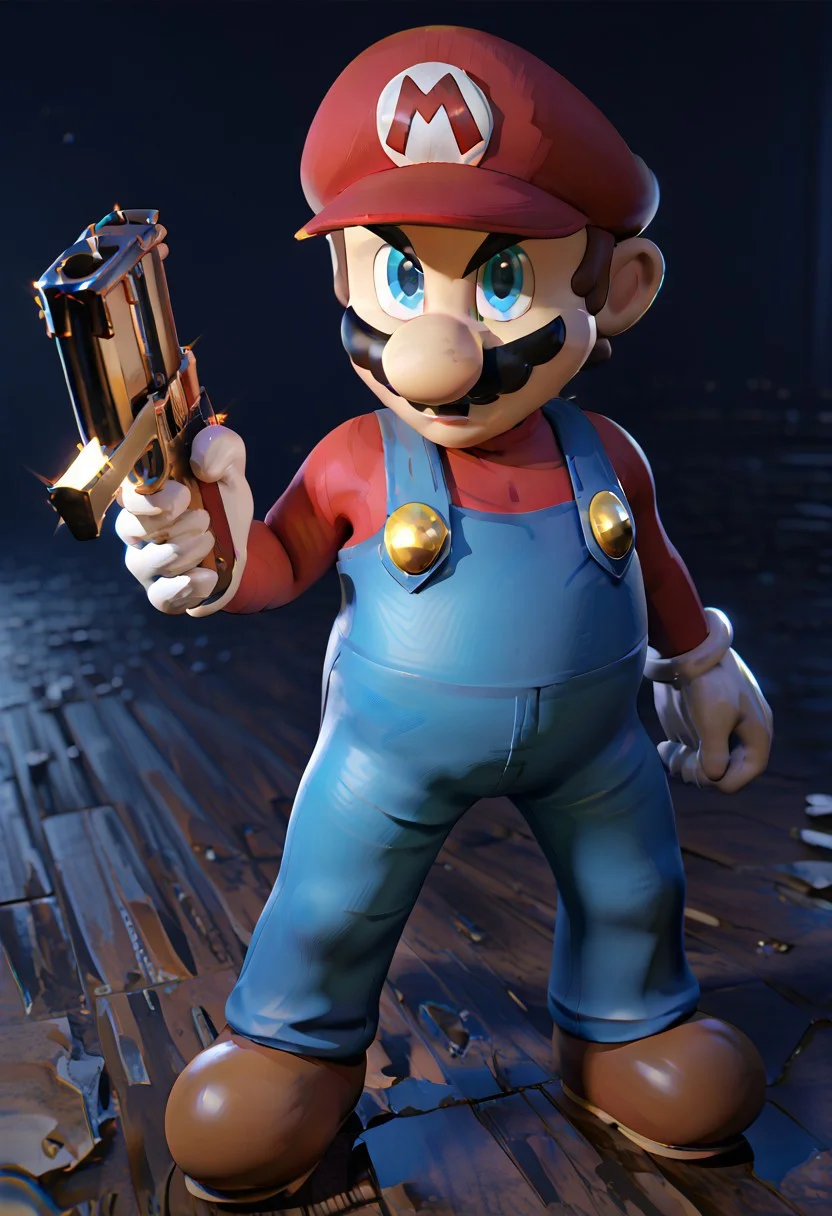score_9, score_8_up, score_7_up , masterpiece, beautiful,,ITMario,3d,red hat,red long-sleeved shirt, blue overalls, moustache, round nose, brown shoes, white gloves, yellow buttons, brown hair, blue eyes, short hair,gunatyou, gun, holding gun,