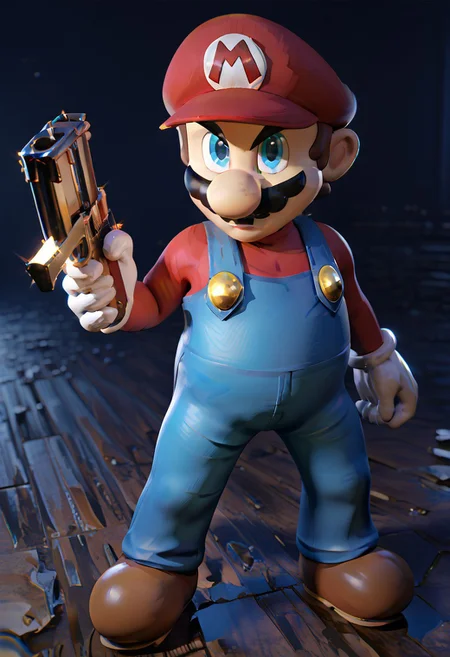 score_9, score_8_up, score_7_up     , masterpiece, beautiful,,ITMario,3d,red hat,red long-sleeved shirt, blue overalls, moustache, round nose, brown shoes, white gloves, yellow buttons, brown hair, blue eyes, short hair,gunatyou, gun, holding gun,