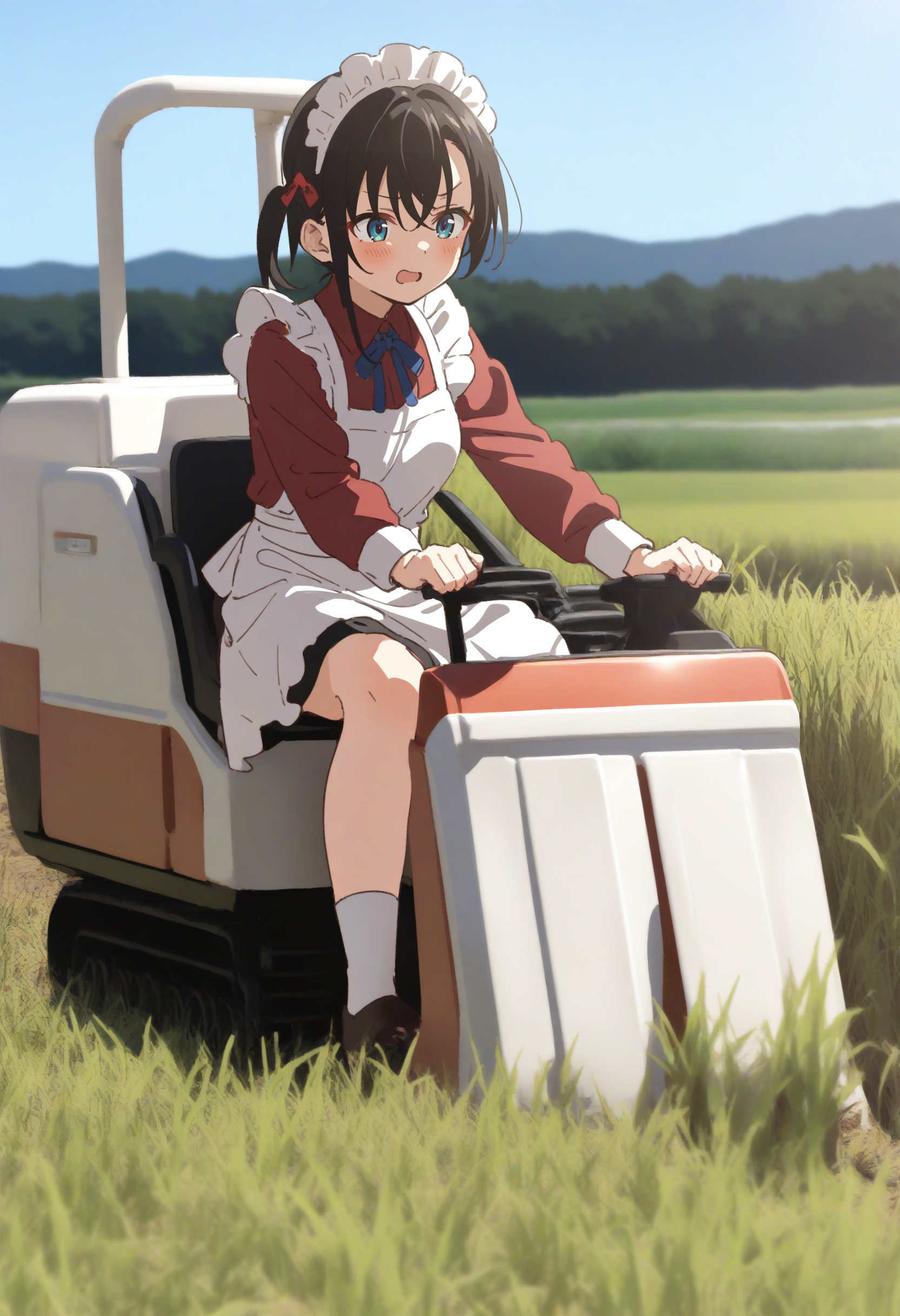 1girl,sincos, ningen mame, toosaka asagi,solo,medium breasts,20yo,maid,maid headdress,
combine harvester,ground vehicle,motor vehicle,grass,outdoors,day,sky,driving,sitting,field,<lora:combineharvester_XL_v1:0.7>
best quality, very aesthetic, absurdres
