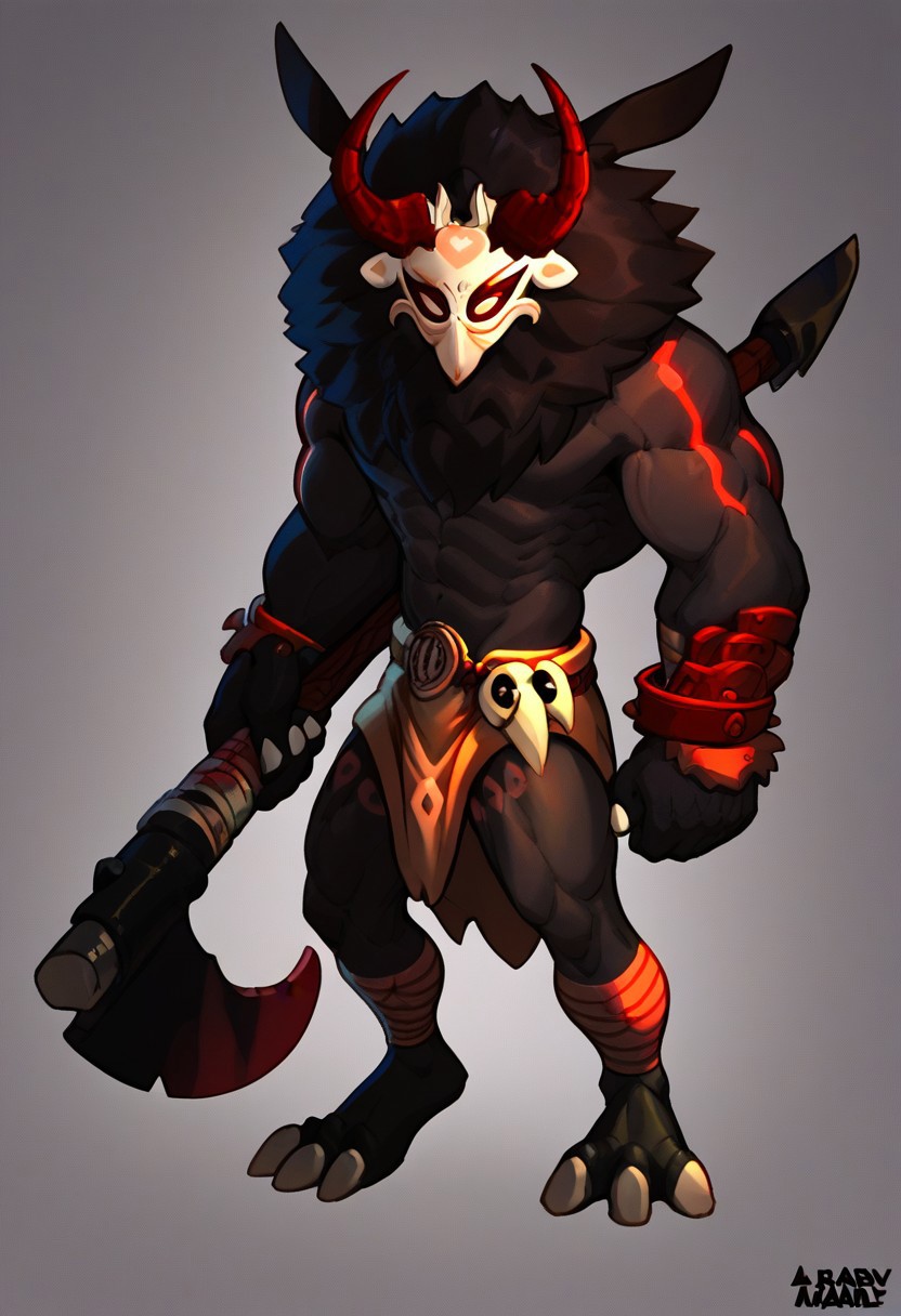 score_9, score_8_up, score_7_up, solo, 1boy, mit@churl, monster, mask, horns, muscular, oversleeve, loincloth, bandaged feet, standing, holding axe,
