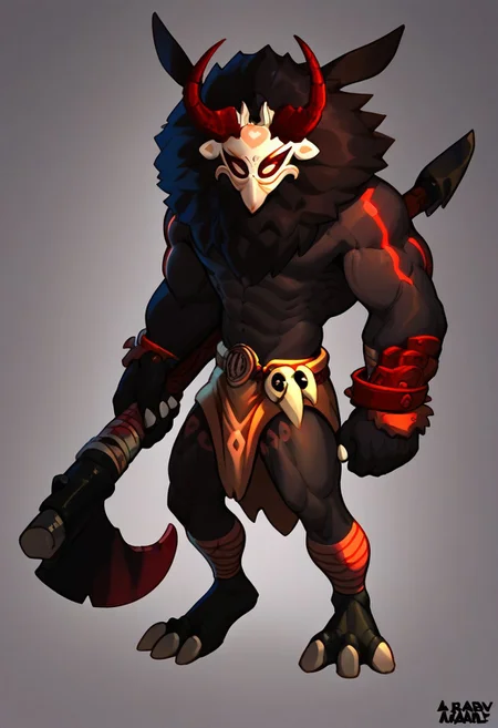 score_9, score_8_up, score_7_up, solo, 1boy, mit@churl, monster, mask, horns, muscular, oversleeve, loincloth, bandaged feet, standing, holding axe,