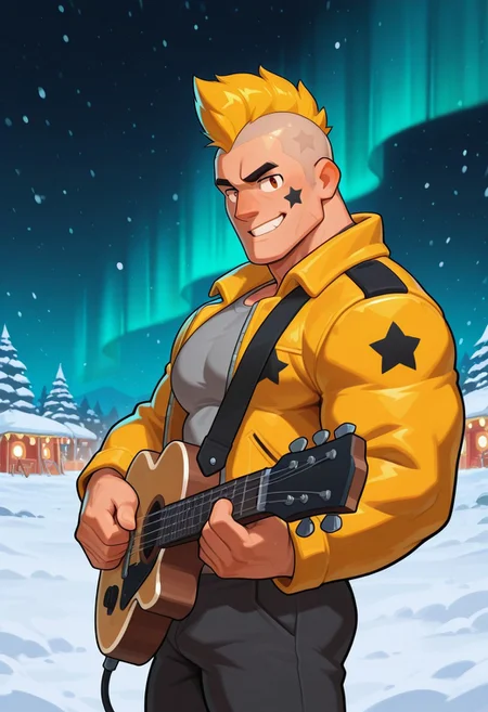 mbtiesfp, 1boy, blonde, short hair, star on face,, jacket, shirt, looking at viewer, smirk, grin, happy, brawlStars, in the amusement park, pants, portrait, half body, upper body, amber eyes, shaved mohawk, source_cartoon, vector art, 2d, bara, manly, muscular, 3/4 view, night sky, aurora in the sky, snow, playing guitar, holding guitar, in the concert, ((floating colorful muscial notes)), snowstorm, Side View, Pec focus