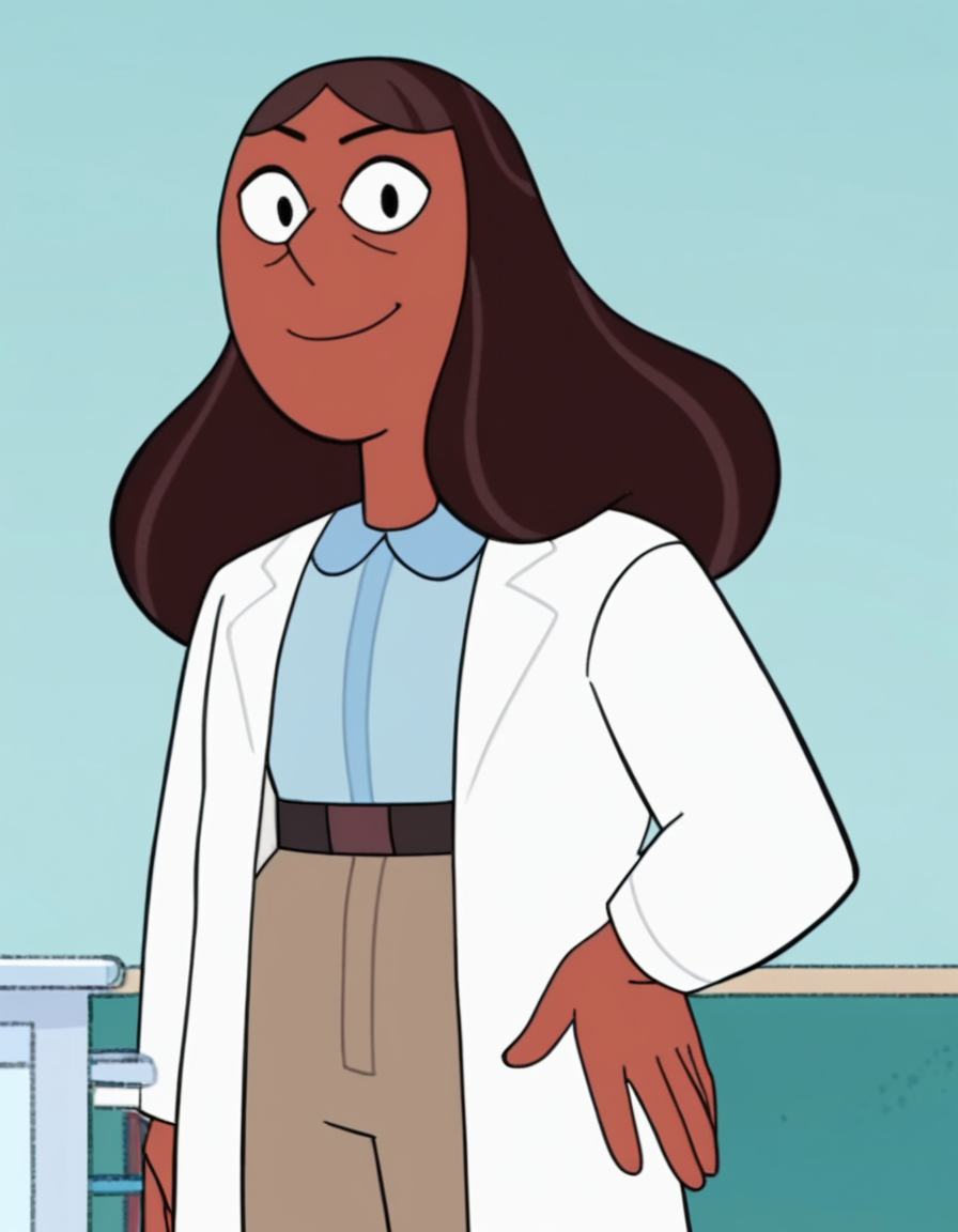 <lora:PriyankaMaheswaranPony:1> priyanka, 1girl, mature_female, solo, brown hair, long hair, dark-skinned female, collared shirt, labcoat, belt, shirt tucked in, pants, score_9, score_8_up, score_7_up, score_6_up, score_5_up, score_4_up, looking at viewer, hand on own hip, cowboy shot,hospital,smile,