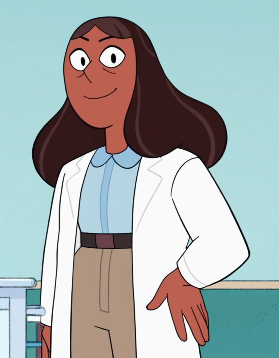 <lora:PriyankaMaheswaranPony:1> priyanka, 1girl, mature_female, solo, brown hair, long hair, dark-skinned female, collared shirt, labcoat, belt, shirt tucked in, pants, score_9, score_8_up, score_7_up, score_6_up, score_5_up, score_4_up, looking at viewer, hand on own hip, cowboy shot,hospital,smile,