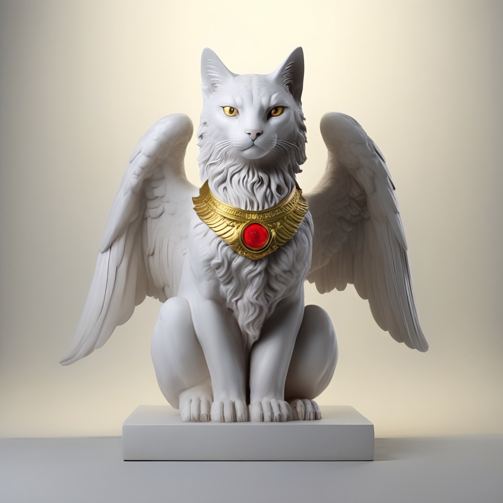 A hyper-realistic cat Classic Greek Statue  cstatuesdxl, large wings, glowing red eyes, standing on a pile of gold coins, ruby,sapphire, cavern