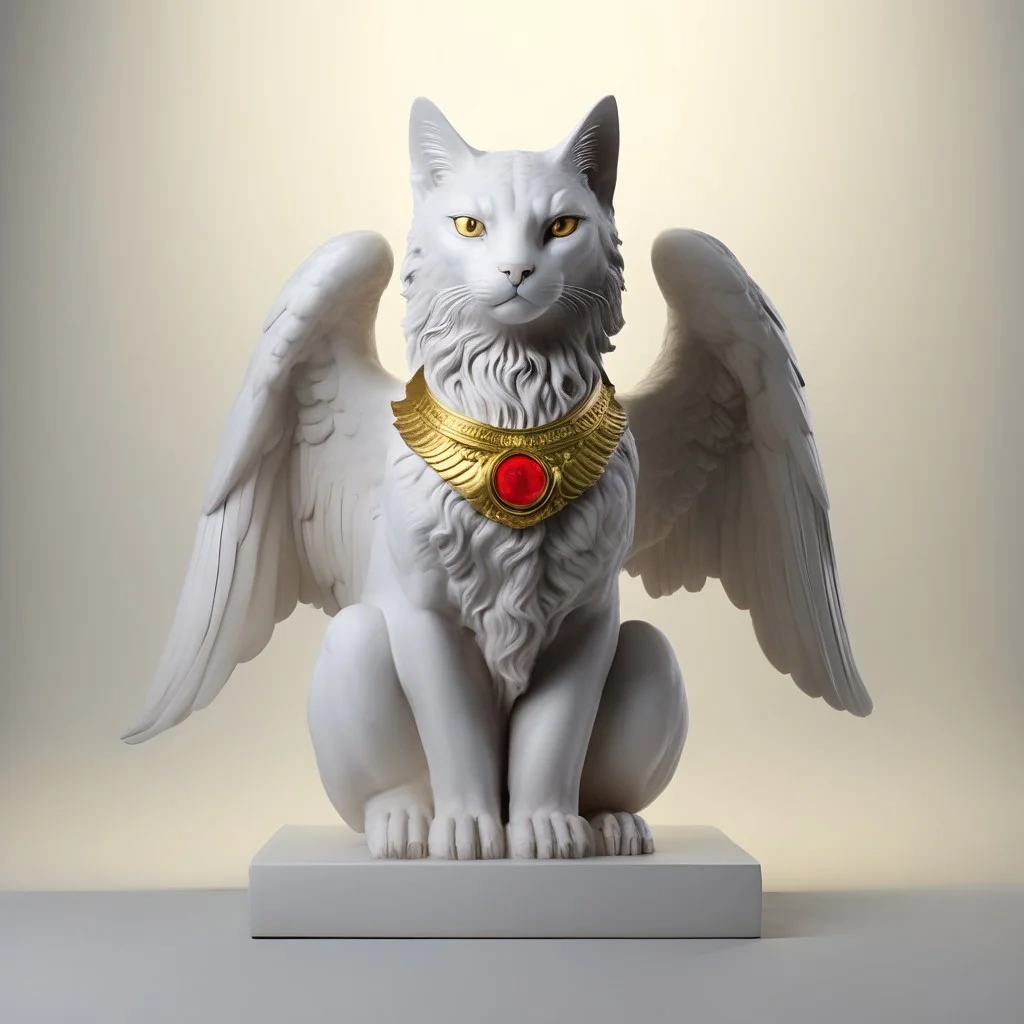 A hyper-realistic cat Classic Greek Statue cstatuesdxl, large wings, glowing red eyes, standing on a pile of gold coins, ruby,sapphire, cavern