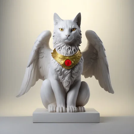 A hyper-realistic cat Classic Greek Statue cstatuesdxl, large wings, glowing red eyes, standing on a pile of gold coins, ruby,sapphire, cavern