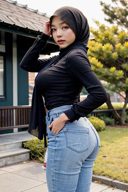 masterpiece, best quality, RAW photo, (photorealistic:1.37, realistic), highly detailed CG unified 8K wallpapers, 8k uhd, dslr, soft lighting, high quality, film grain, Fujifilm XT3, Asian girl, 25 year old in hijab, thick body, sexy, big breast, ass, long shirt, jeans, standing outside, hall, Photo texture adjuster